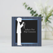 Blue White Stripe Rosary Boys First Communion Einladung (Stehend Vorderseite)