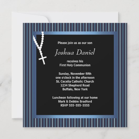 Blue White Stripe Rosary Boys First Communion Einladung (Rückseite)