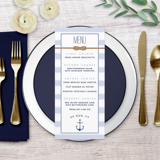 Blue White Stripe ♾ Unendlichkeit Nautical Wedding Menükarte