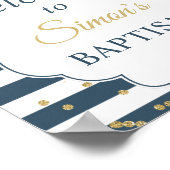 Blue White Stripes Gold Glitzer Taufe Willkommen Poster (Ecke)