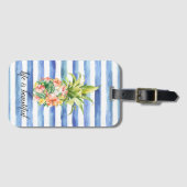 Blue White Stripes Tropical Floral Pineapple Gepäckanhänger (Vorderseite (Horizontal))