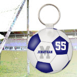 blue white team colors boys girls soccer ball schlüsselanhänger<br><div class="desc">This team colors soccer keychain for boys or girls features the realistic image of a traditional style soccer ball with blue and white panels - customize the player's name,  monogram and jersey number - by katz_d_zynes</div>
