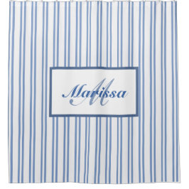 Blue White Ticking Stripes Bauernhof Mit Monogramm Duschvorhang