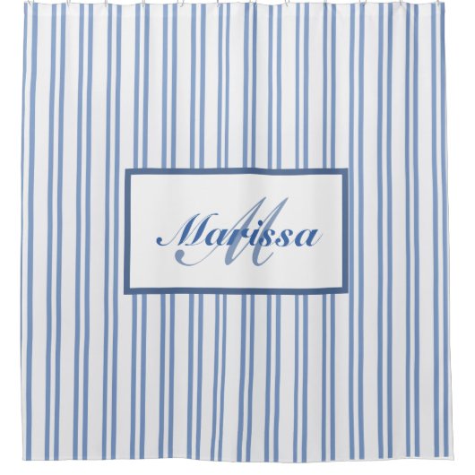 Blue White Ticking Stripes Bauernhof Mit Monogramm Duschvorhang (Vorderseite)
