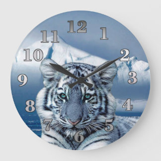 Blue White Tiger Große Wanduhr