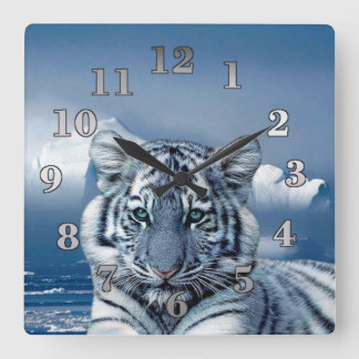 Blue White Tiger Quadratische Wanduhr