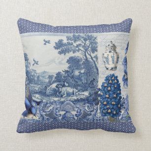 Blue White Toile Blume in Bird Collage Französisc Kissen
