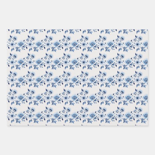 Blue White Toile Blumendusche Geschenkpapier Set (Vorderseite)