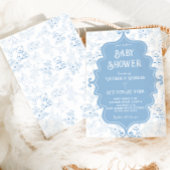 Blue White Toile Bow Bear Baby Boy Dusche Einladung