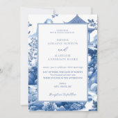 Blue & White Toile Chinoiserie Blue Pagoda Wedding Einladung (Vorderseite)