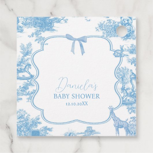 Blue White Toile de Jouy Bear Baby Dusche Geschenkanhänger (Rückseite)
