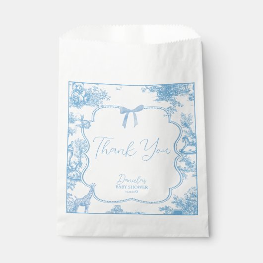 Blue White Toile de Jouy Bear Baby Dusche Geschenktütchen (Vorderseite)