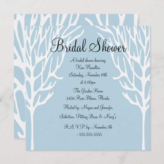 Blue & White Tree Design Bridal Dusche Einladung (Vorne/Hinten)