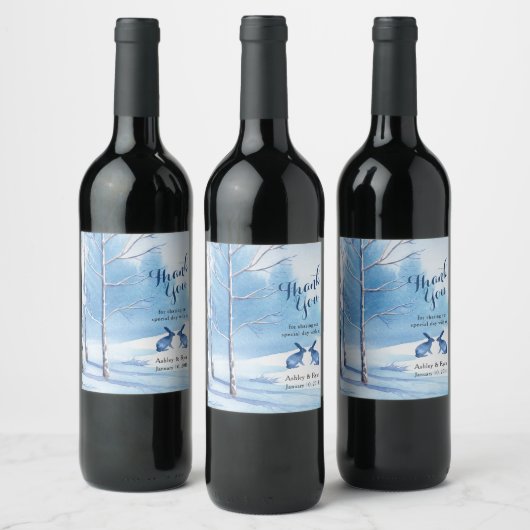 Blue White Trees Rabbit Winter Wedding Danke Weinetikett (Flaschen)