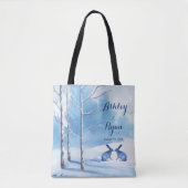 Blue White Trees Rabbits Winter Wedding Bag Tasche (Vorderseite)