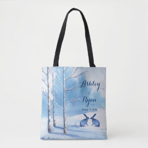 Blue White Trees Rabbits Winter Wedding Bag Tasche