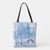 Blue White Trees Rabbits Winter Wedding Bag Tasche (Rückseite)