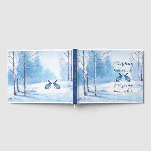 Blue White Trees Rabbits Winter Wedding Gästebuch (Voll)