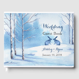 Blue White Trees Rabbits Winter Wedding Gästebuch