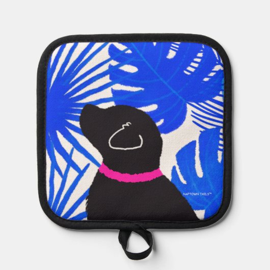 Blue White Tropical Island Black Dog Pot Holder Topflappen (Vorderseite)