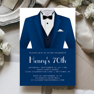Blue White Tuxedo Mens 70. Geburtstagsparty Einladung