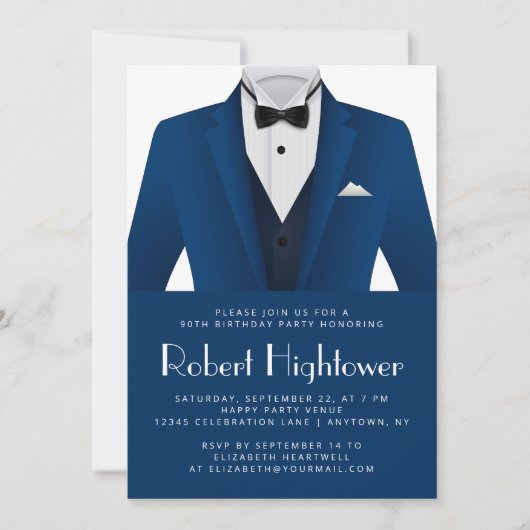 Blue White Tuxedo Mens Birthday Party Einladung (Vorderseite)