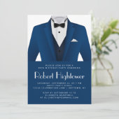 Blue White Tuxedo Mens Birthday Party Einladung (Stehend Vorderseite)