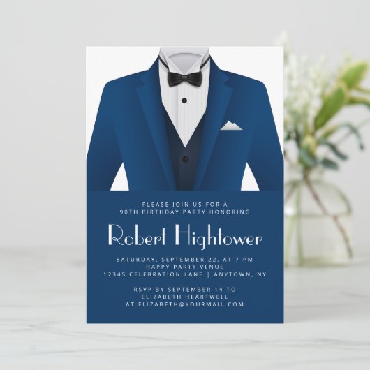 Blue White Tuxedo Mens Birthday Party Einladung (Stehend Vorderseite)