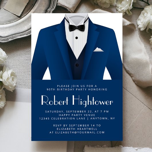 Blue White Tuxedo Mens Birthday Party Einladung