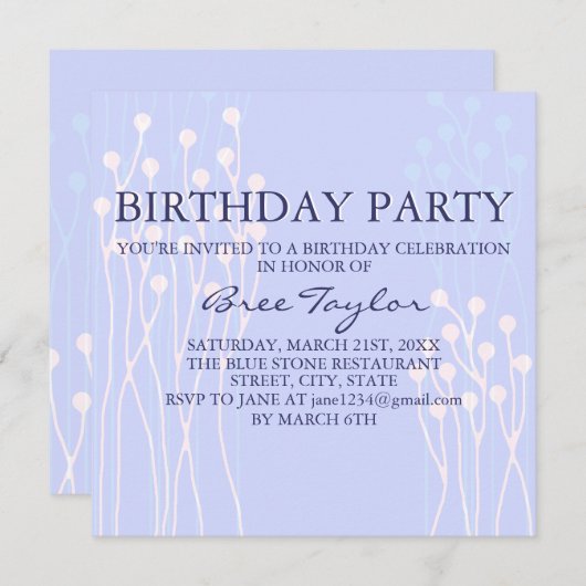 Blue & White Twig Design Geburtstag Einladung (Vorne/Hinten)