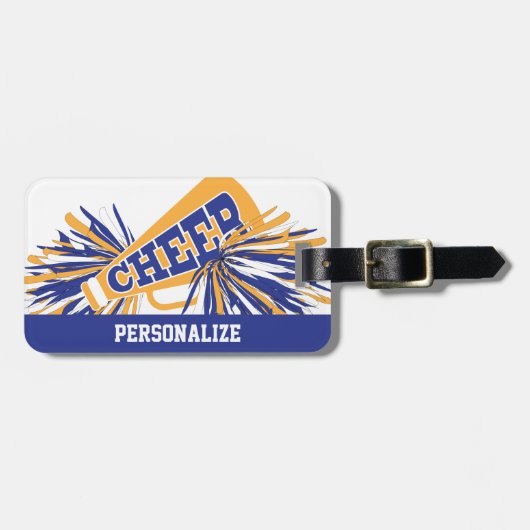 Blue, White und Gold Cheerleader Megaphon Gepäckanhänger (Vorderseite horizontal)