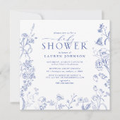 Blue & White Viktorianisch Floral Baby Dusche Einladung (Vorderseite)