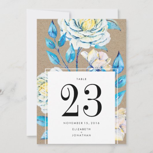 Blue White Vintag Kraft Rose Wedding Tischnummer (Vorderseite)