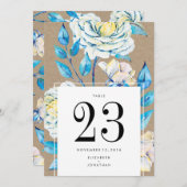 Blue White Vintag Kraft Rose Wedding Tischnummer (Vorne/Hinten)