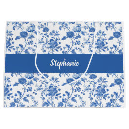 Blue White Vintage Floral Monogram Name Große Geschenktüte