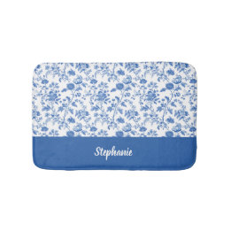 Blue White Vintage Floral Personalized Name Badematte