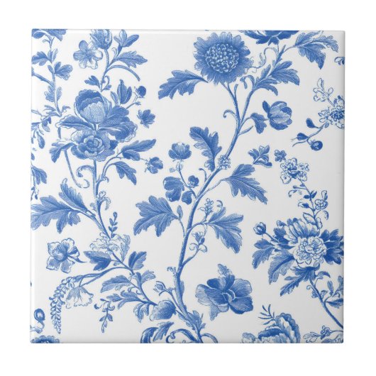 Blue White Vintage Toile Floral Fliese (Vorderseite)