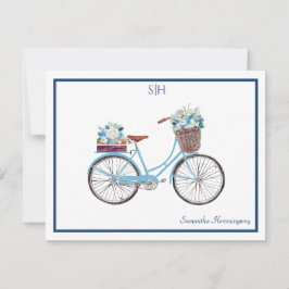 Blue White Watercolor Floral Bicycle Monogram Name Mitteilungskarte