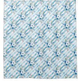 Blue White Watercolor Floral Diagonal Stripe Duschvorhang