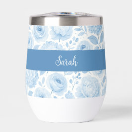 Blue White Watercolor Floral Monogram Name