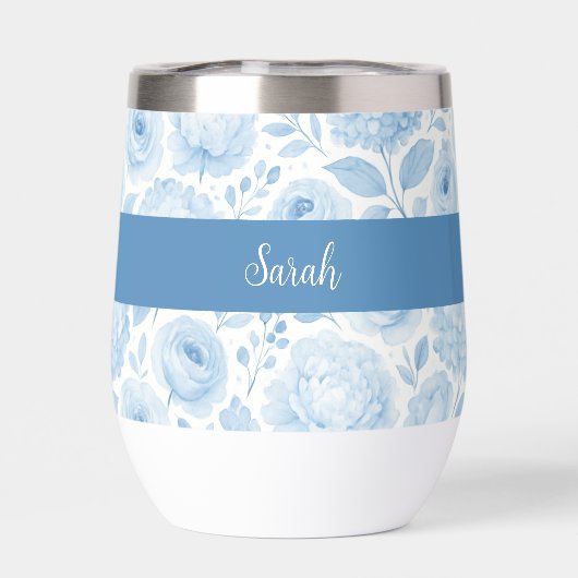 Blue White Watercolor Floral Monogram Name (Rückseite)