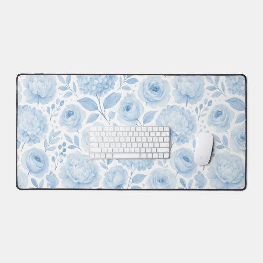 Blue White Watercolor Floral Schreibtischunterlage (Tastatur & Maus)