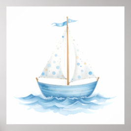 Blue & White Watercolor Sailboat - Nautical Baby R Poster