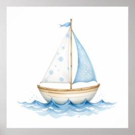 Blue & White Watercolor Sailboat - Nautical Baby R Poster