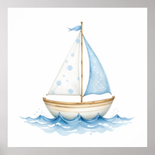 Blue & White Watercolor Sailboat - Nautical Baby R Poster (Vorne)