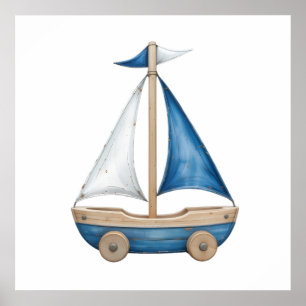 Blue & White Watercolor Sailboat - Nautical Baby R Poster