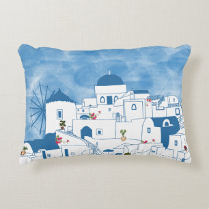 Blue & White Watercolor Santorini Griechenland Dekokissen