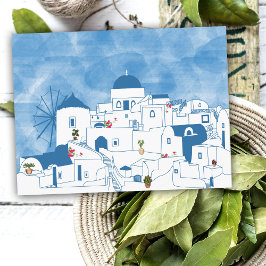 Blue & White Watercolor Santorini Griechenland Feiertagspostkarte