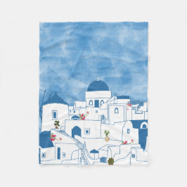 Blue & White Watercolor Santorini Griechenland Fleecedecke