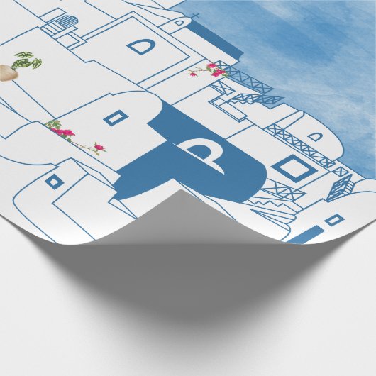 Blue & White Watercolor Santorini Griechenland Geschenkpapier (Ecke)